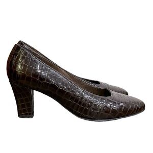 Vintage Thomas Wallace Brown Croc Embossed Patent Leather Pumps Size 7.5